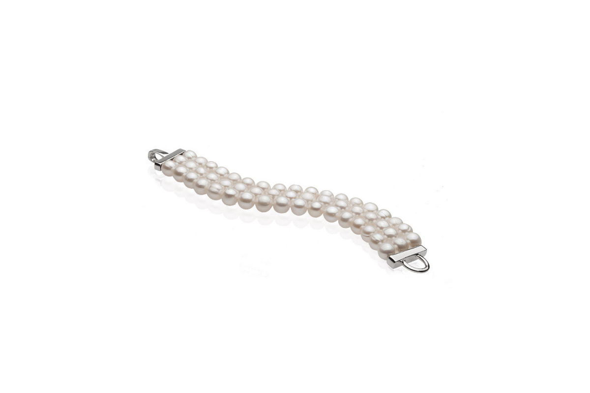 Elegantes Perlenarmband 3-reihig weiß rund 9-10 mm, 19.5 cm, Designverschluss 925er Silber, Gaura Pearls, Estland